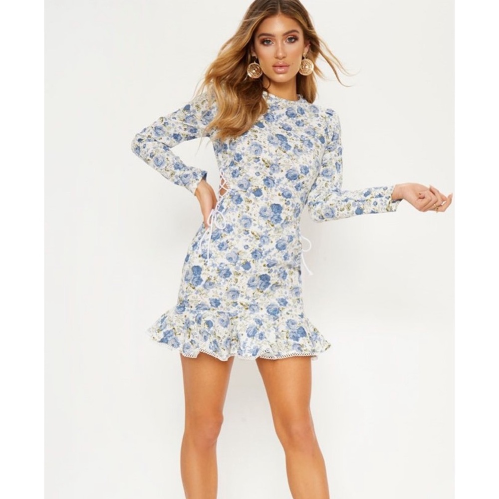 Blue Floral Lace Up Side Frill Bodycon Dress
